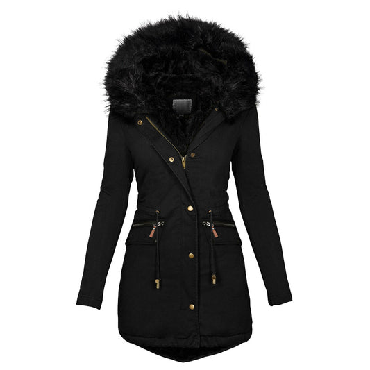 Women’s Plush Hooded Parka – Winter Warm Thick Zip‑Up Jacket with Faux Fur Trim