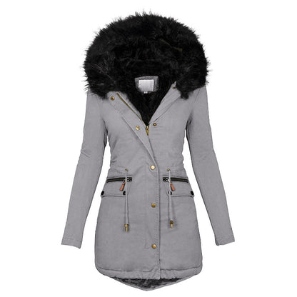 Women’s Plush Hooded Parka – Winter Warm Thick Zip‑Up Jacket with Faux Fur Trim