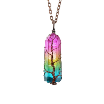 Stone Crystal Pillar Tree of Life Pendant Necklace