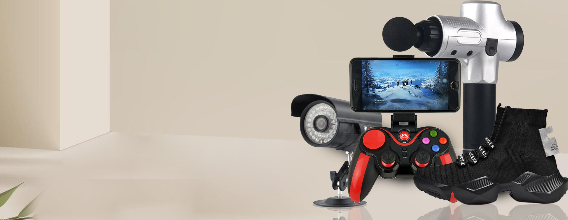 Gaming console with camera, microphone, and gaming controller on a beige surface