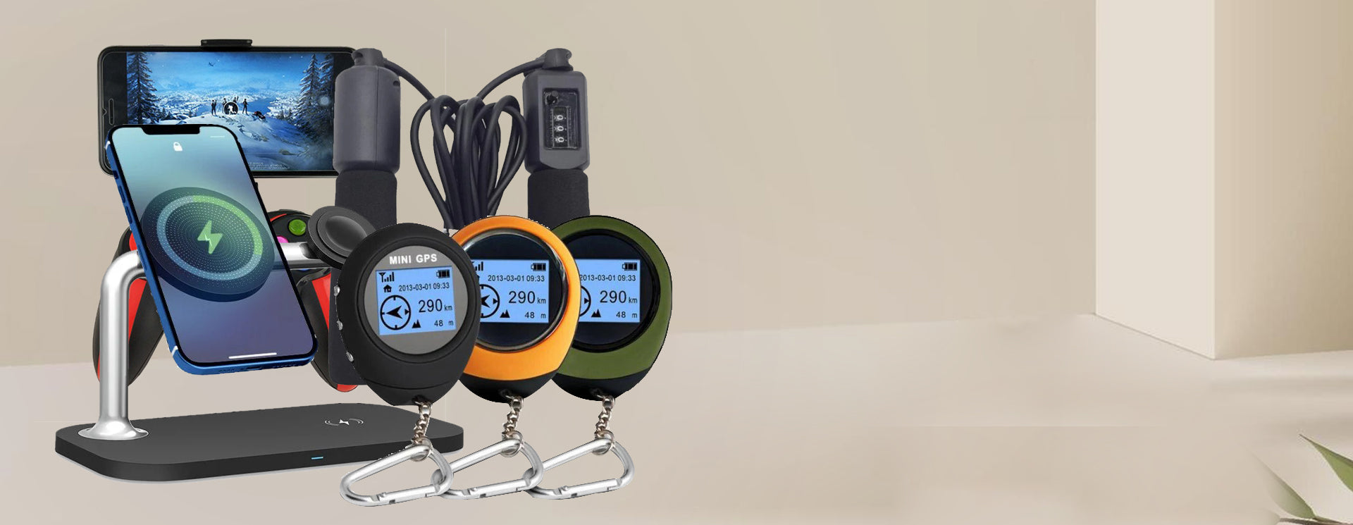 Four smartphone stands with different color options on a neutral background