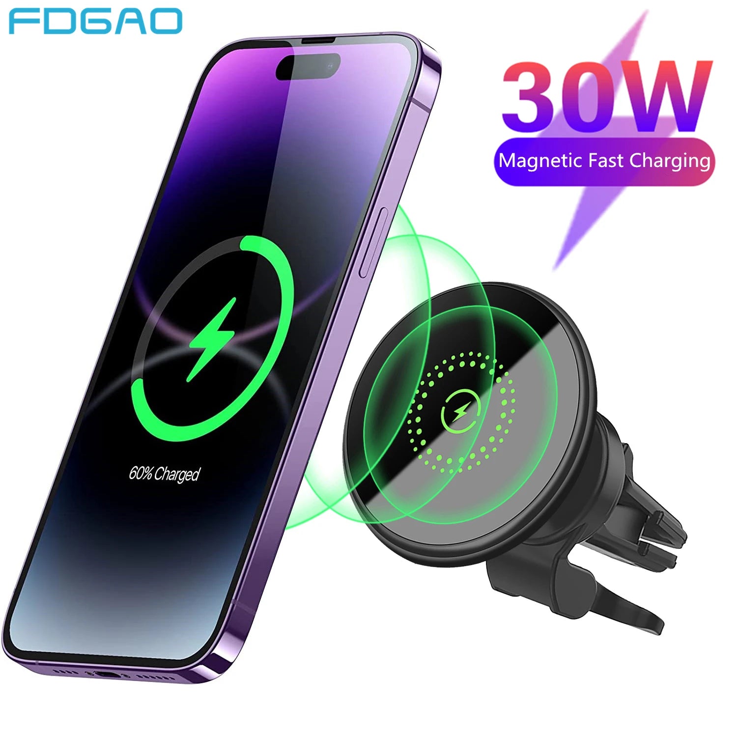 30W Magnetic Wireless Car Charger Mount | Fast Charging Air Vent Phone Holder for iPhone 12–16 Series