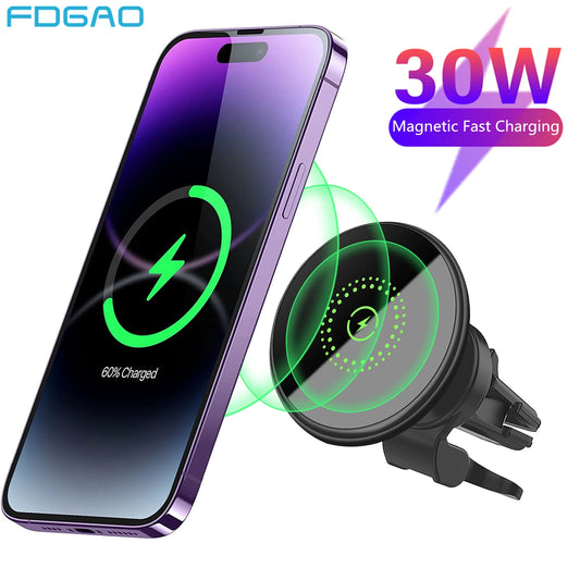 30W Magnetic Wireless Car Charger Mount | Fast Charging Air Vent Phone Holder for iPhone 12–16 Series - BANGN CREATIVE SOLUTIONS 