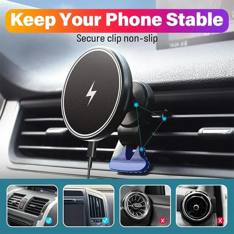 Magnetic Wireless Car Charger Mount | 15W Fast Charging Air Vent Phone Holder for iPhone 12–15 Pro/Max