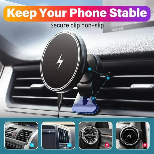 Magnetic Wireless Car Charger Mount | 15W Fast Charging Air Vent Phone Holder for iPhone 12–15 Pro/Max - BANGN CREATIVE SOLUTIONS 