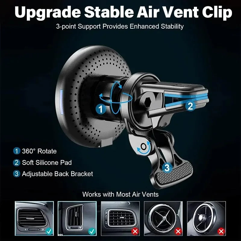 Magnetic Wireless Car Charger Mount | 15W Fast Charging Air Vent Phone Holder for iPhone 12–15 Pro/Max