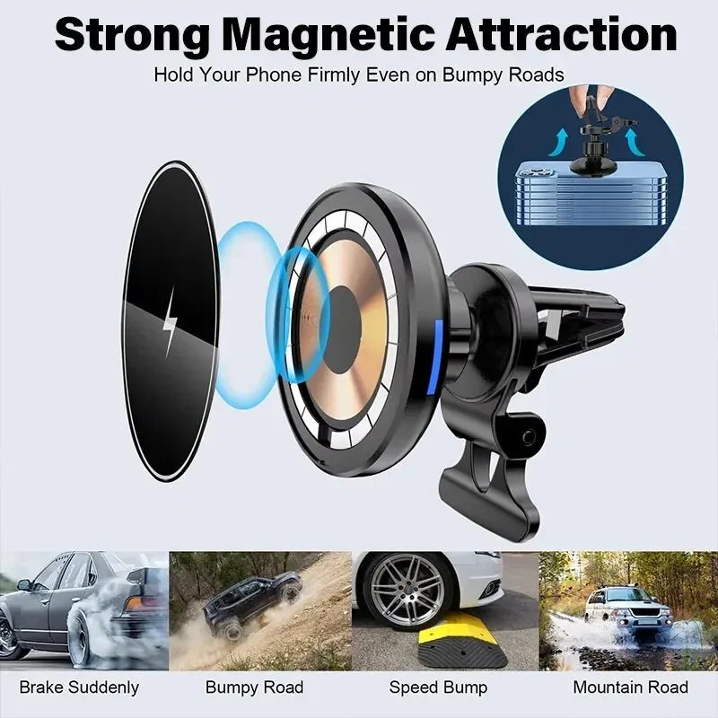 Magnetic Wireless Car Charger Mount | 15W Fast Charging Air Vent Phone Holder for iPhone 12–15 Pro/Max