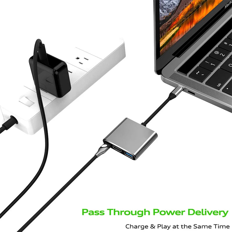 3-in-1 USB-C Hub with 4K HDMI + USB 3.0 + USB-C Power | MacBook/Windows/Android