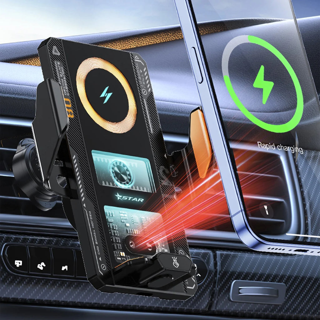 66W Magnetic Wireless Car Charger Mount | Auto-Clamp Phone Holder with LED Mood Lighting