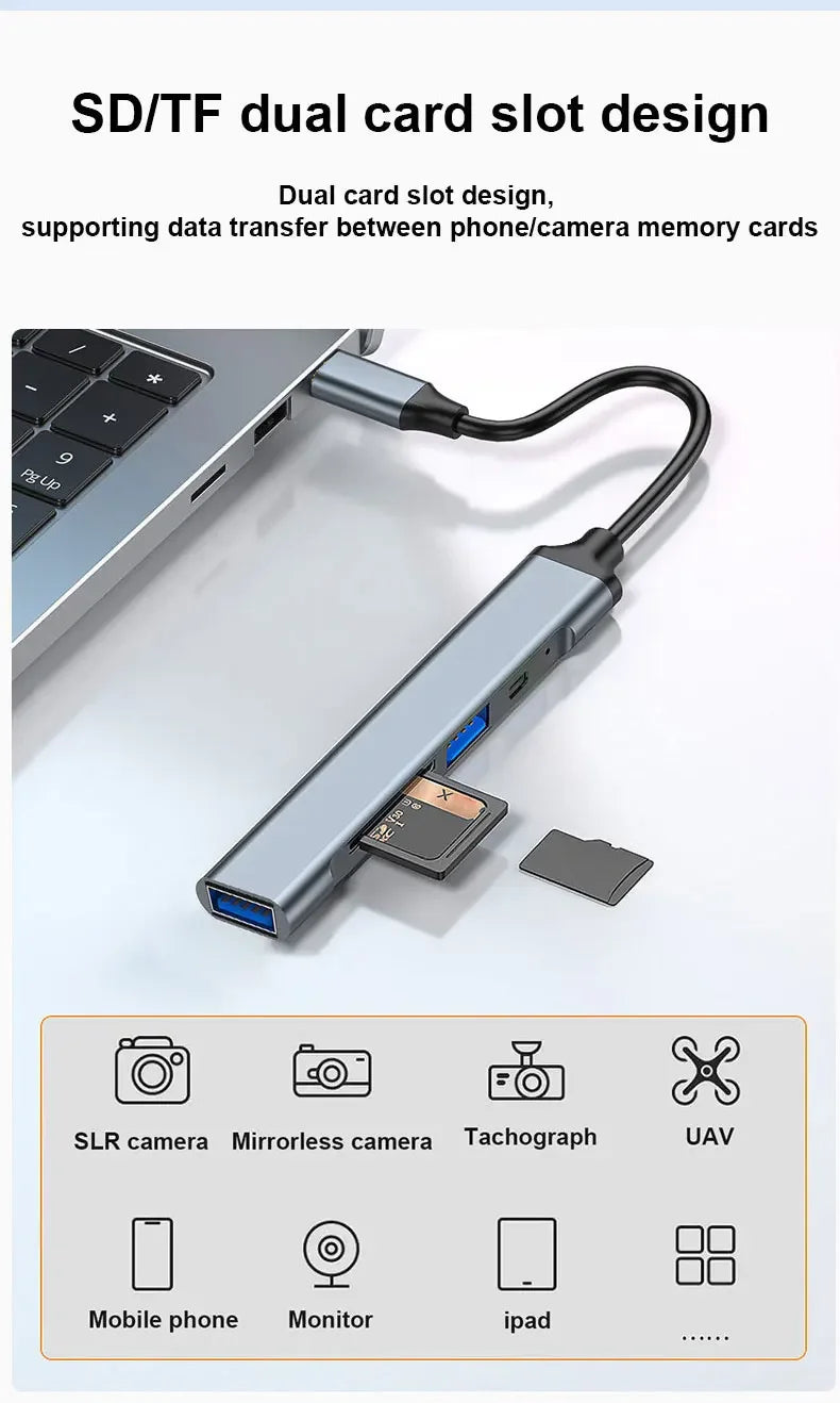 [5-in-1 USB Hub] 5-in-1 Hub with USB Converter | Supports OTG + Phone, Computer, Laptop, USB Flash Drive, SD Card Data Transfer