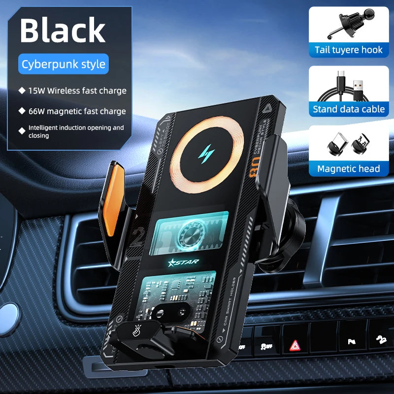 66W Magnetic Wireless Car Charger Mount | Auto-Clamp Phone Holder with LED Mood Lighting