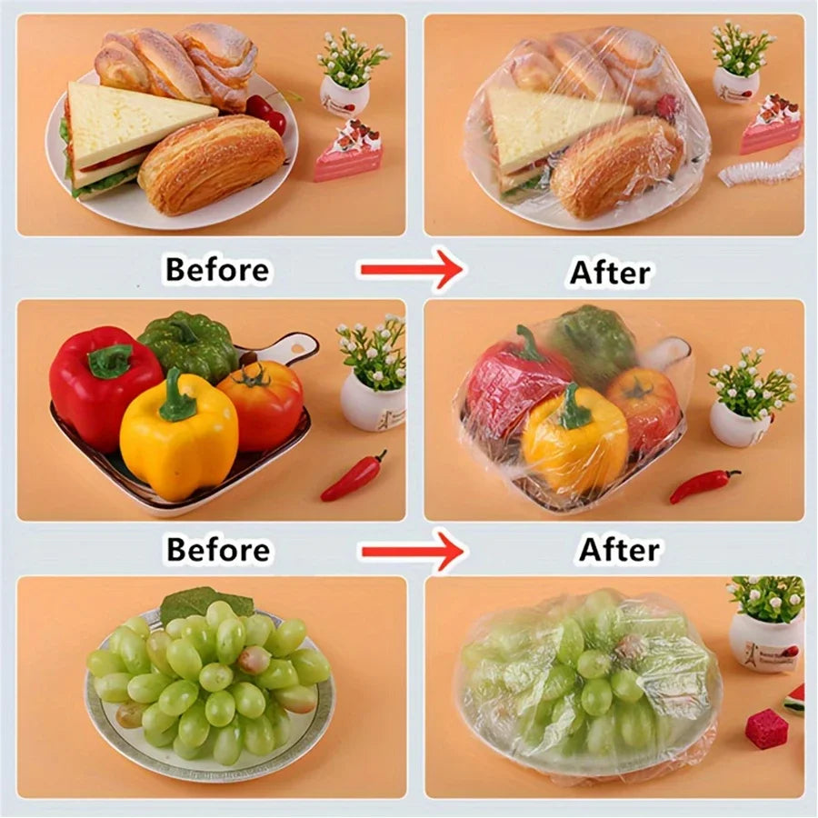 100PCS Elastic Food Covers | Reusable Plastic Wrap Lids for Bowls, Plates & Kitchen Storage
